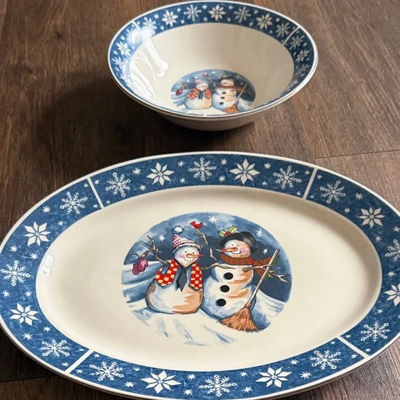 Snowman Themed Blue and White Dishes - Picture 1 of 4